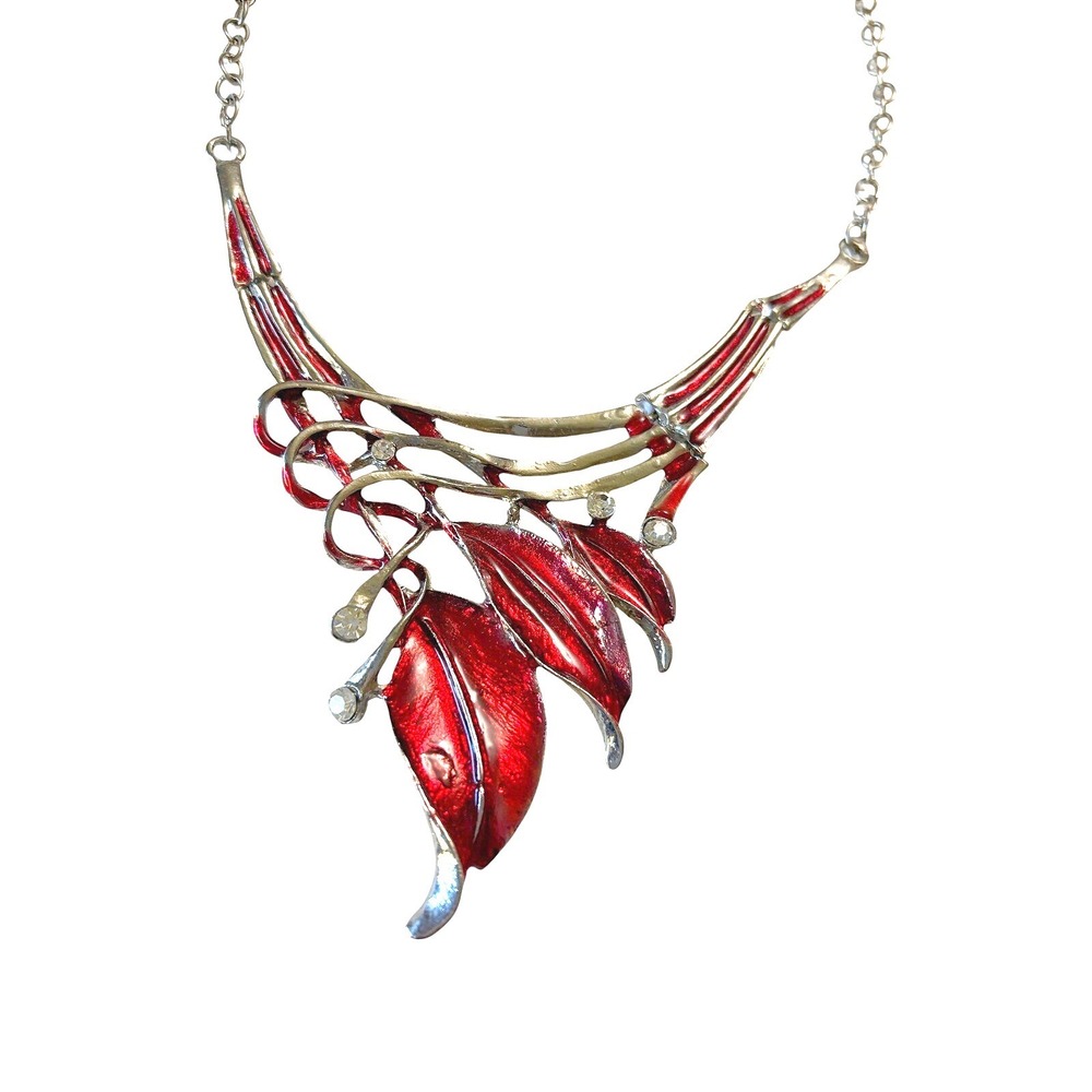 Vtg Style Red Enamel Leaf Bib Statement‎ Necklace Rhinestone Silver Tone Collar